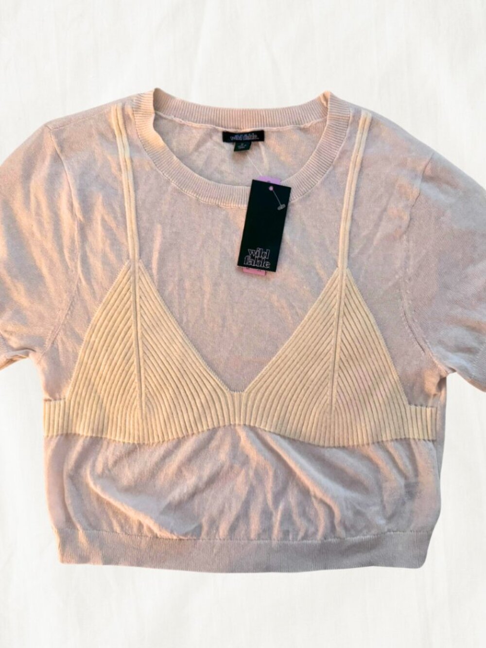 Wild Fable Brand: Layered White Soft Knit Top with Off White Bralette Detail